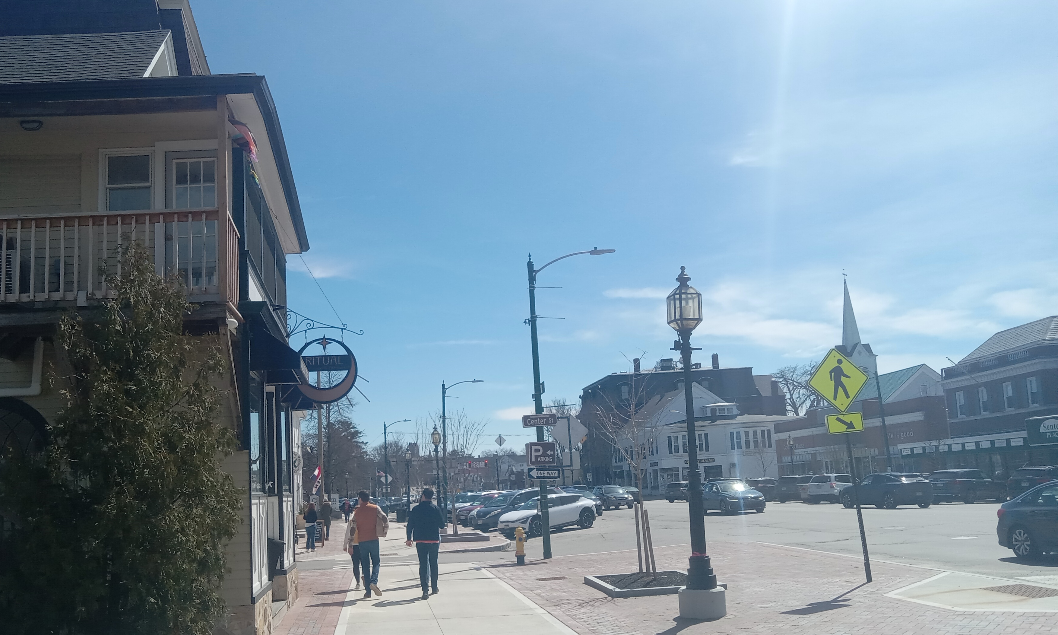 A view of downtown Maine street Brunswick facing toward the mill.