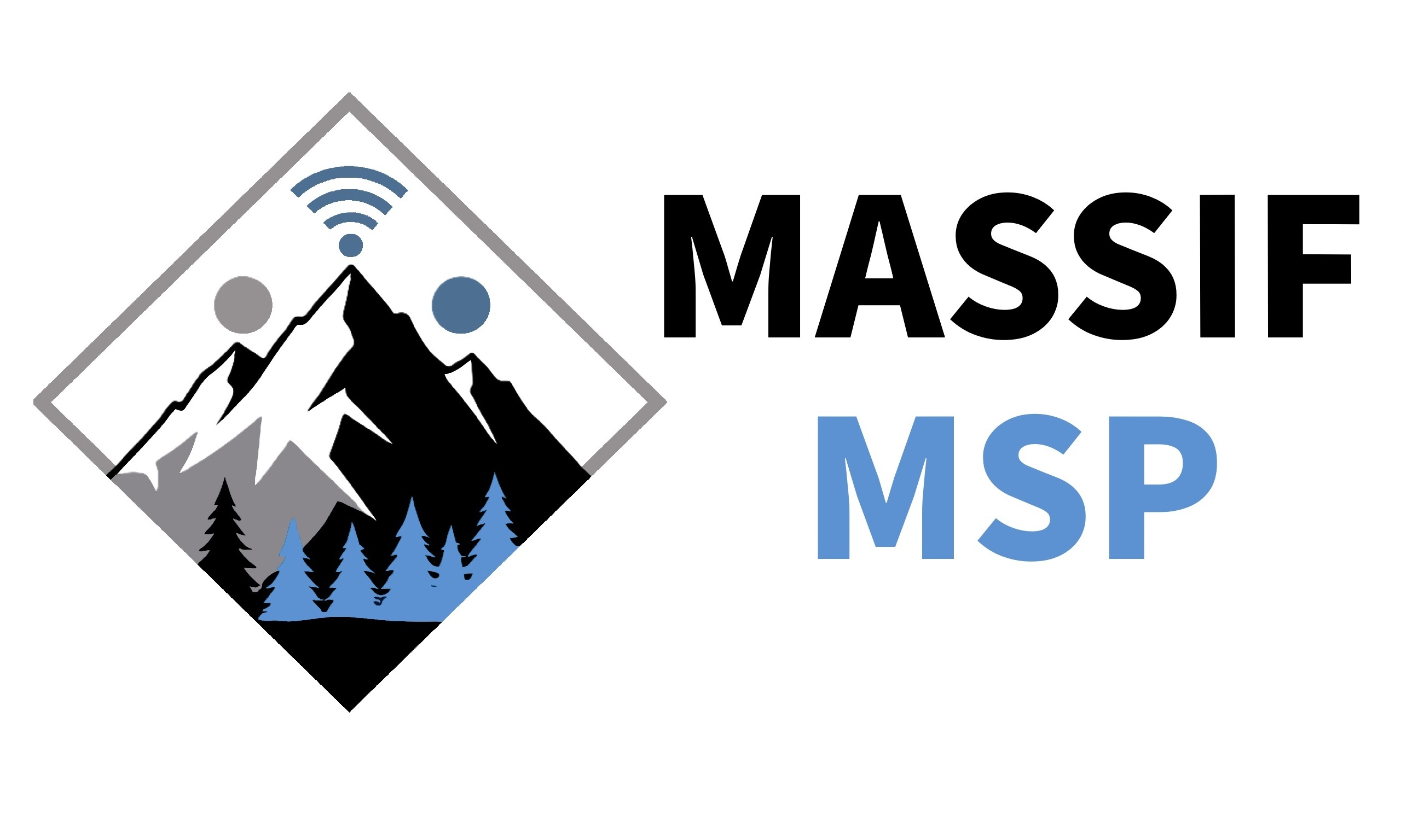 Massif MSP's Logo of a wireless signal coming from a mountain surrounded by the moon, sun and trees.